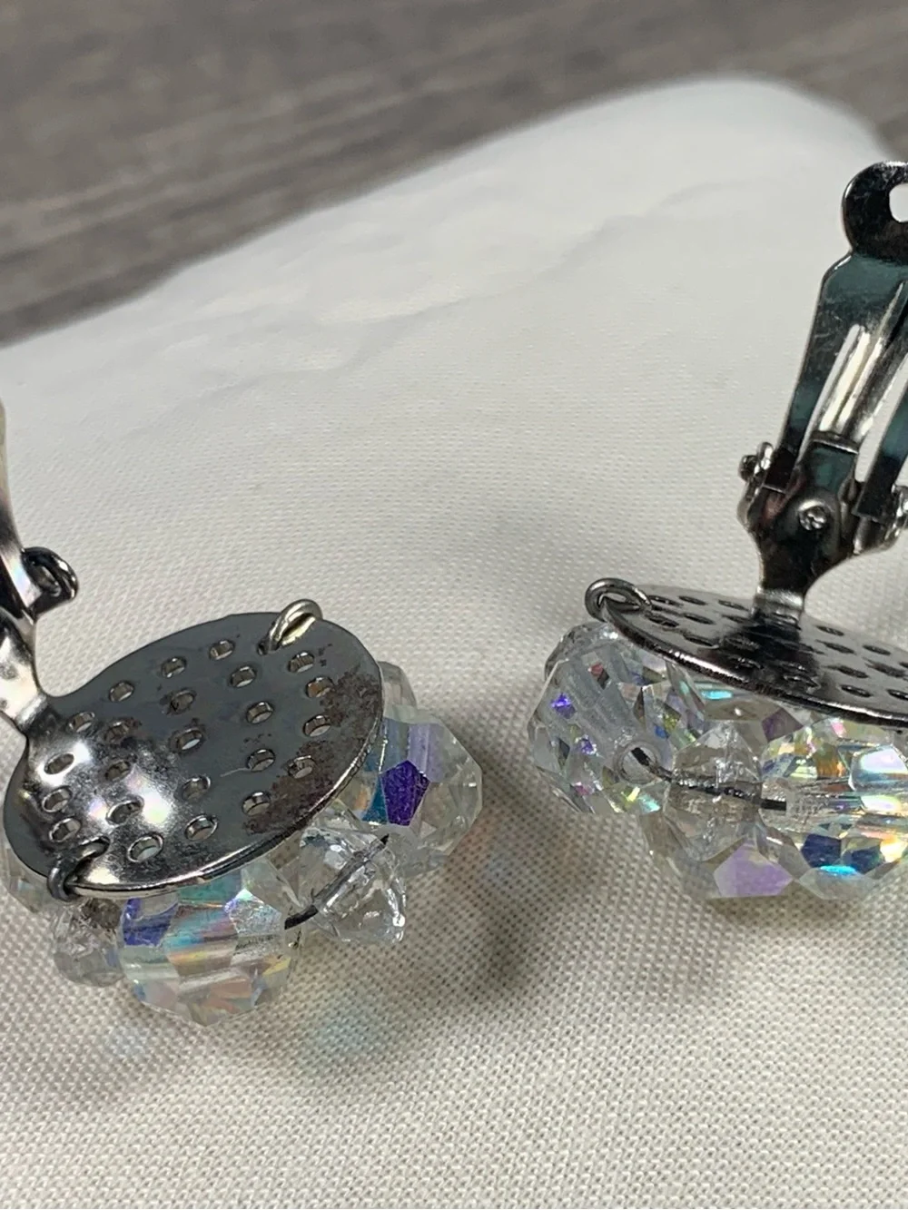 Vintage Beaded Cluster AB Iridescent Clip On Earrings Clear